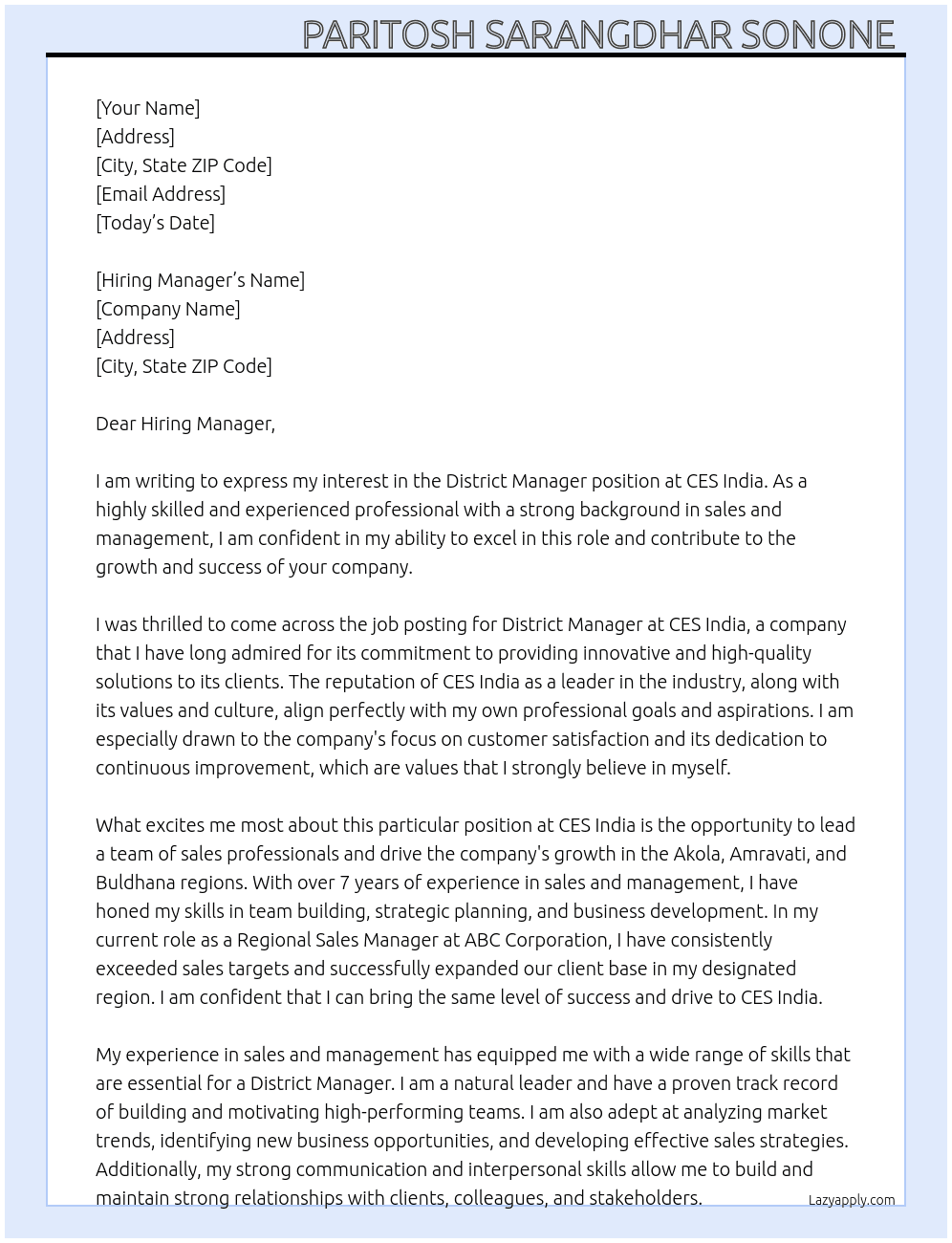 District manager  At CES India  Cover Letter
