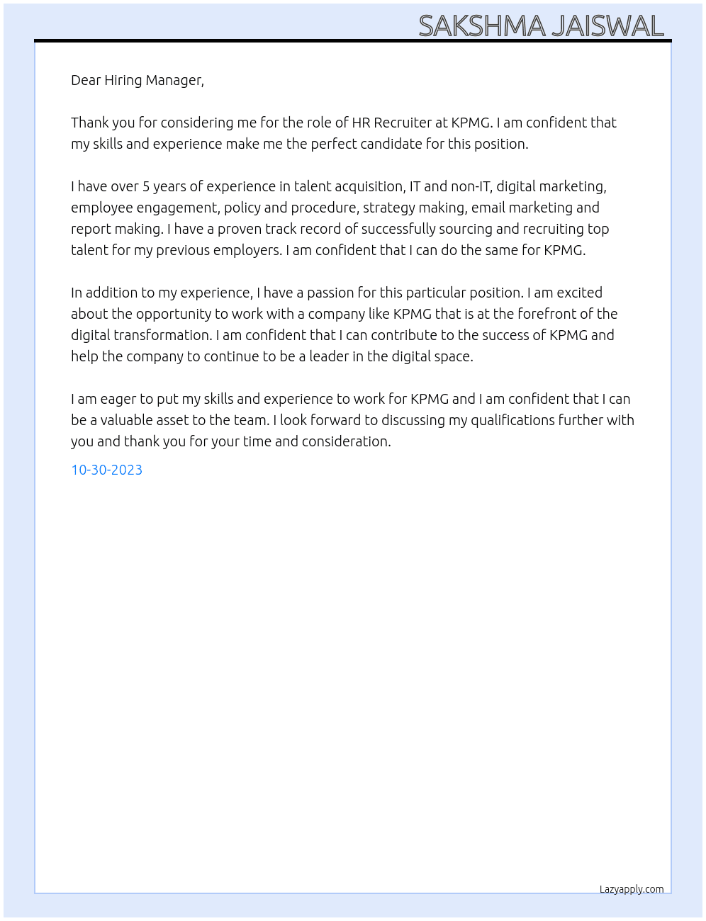 hr recruiter  At Kpmg Cover Letter