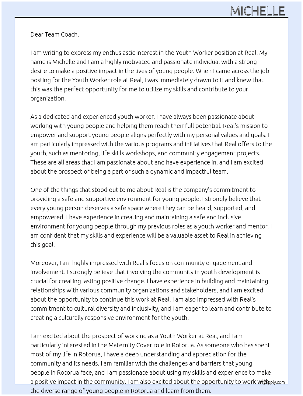 Youth worker At Real Cover Letter