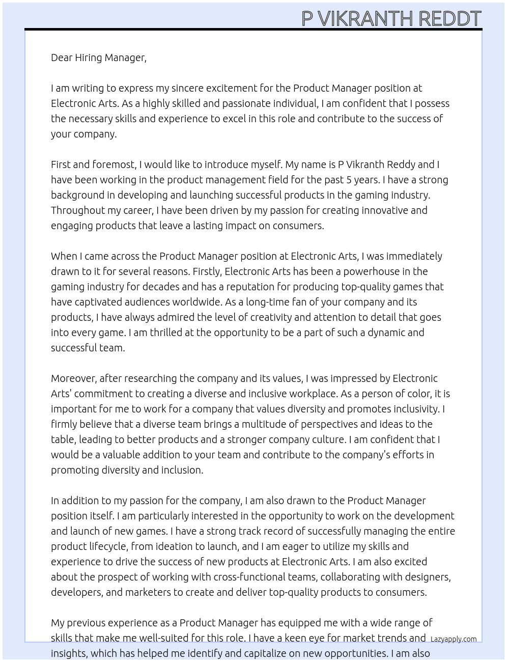 Product Manager At Electronic Arts Cover Letter