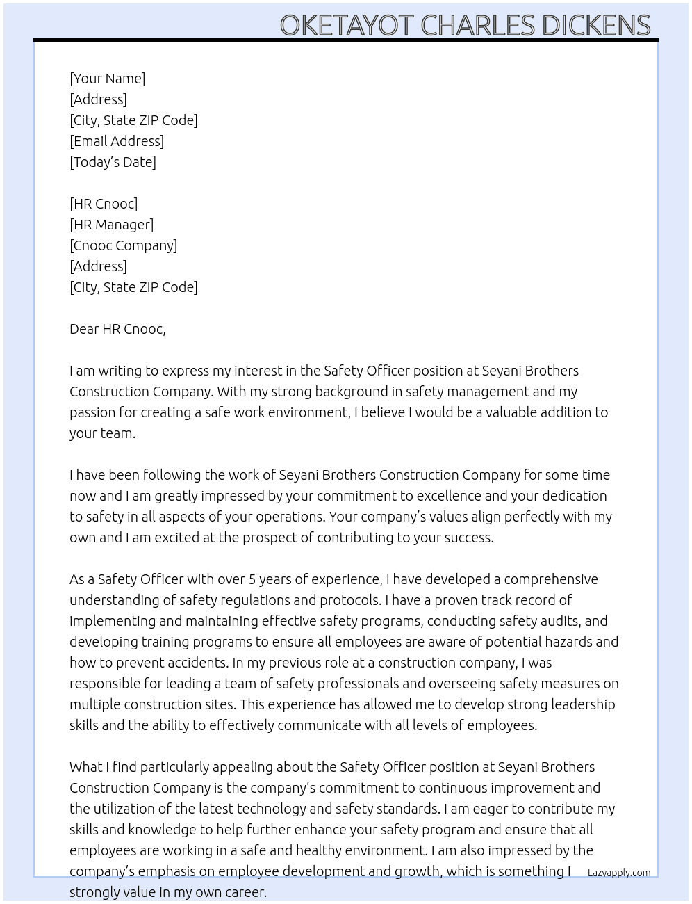 Safety Officer  At Seyani brothers Construction Company  Cover Letter