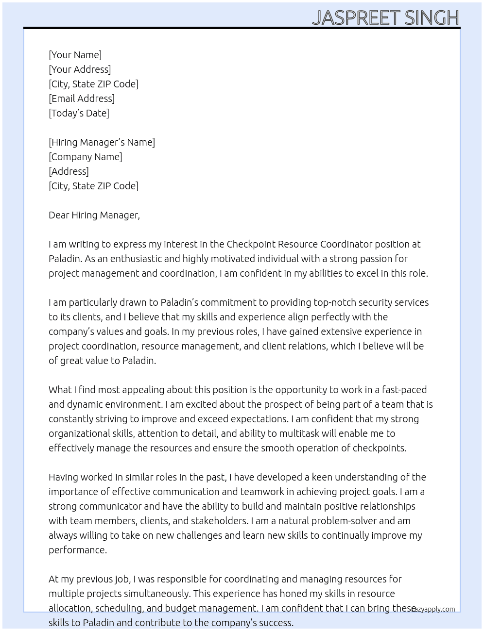 Checkpoint Resource Coordinator At Paladin Cover Letter