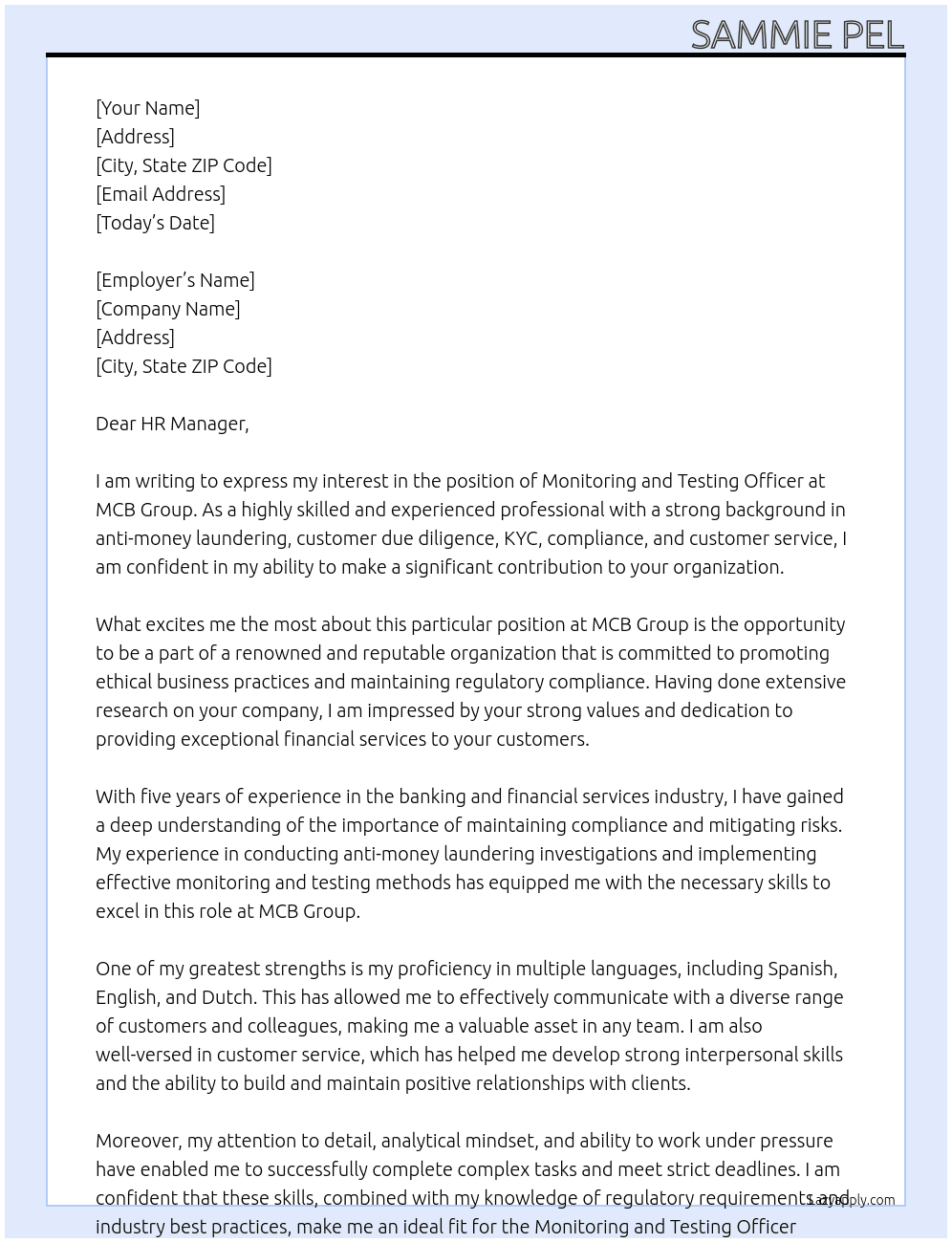 MONITORING AND TESTING OFFICER At MCB Group Cover Letter