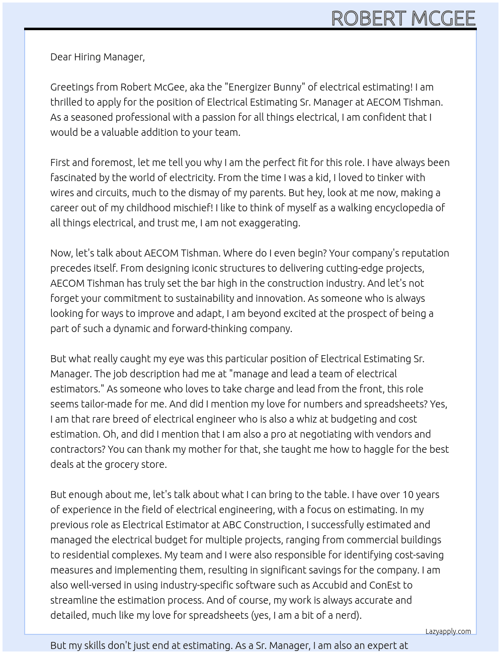Electrical Estimating Sr. Manager At AECOM Tishman Cover Letter