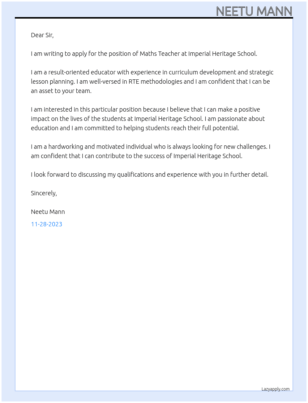 Maths Teacher At Imperial Heritage School Cover Letter