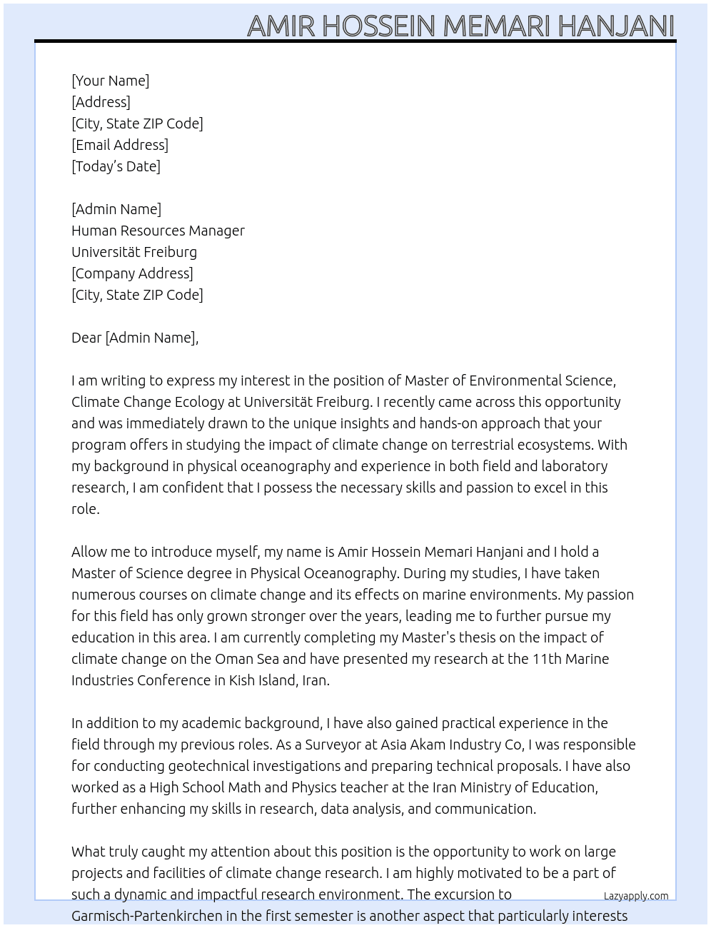 Master of enviremental science, Climate Change Ecology  At Universität Freiburg Cover Letter