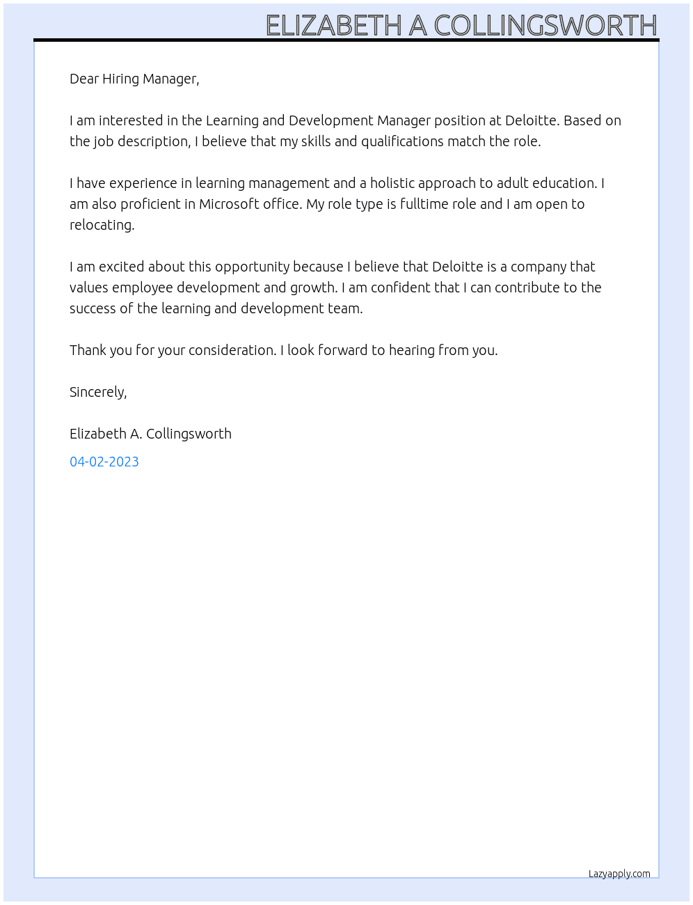 Learning and Development Manager At Deloitte Cover Letter