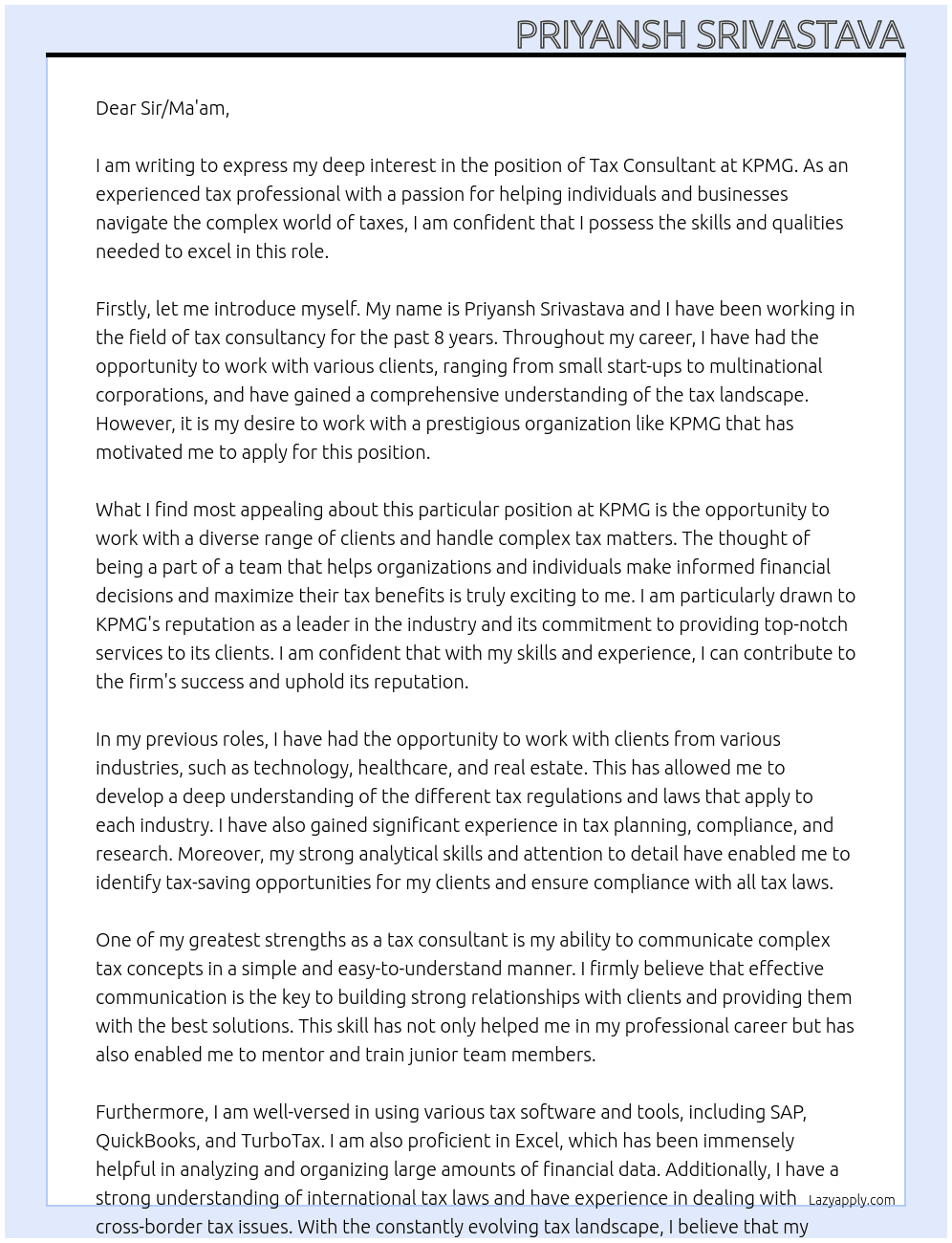 Tax Consultant At KPMG Cover Letter