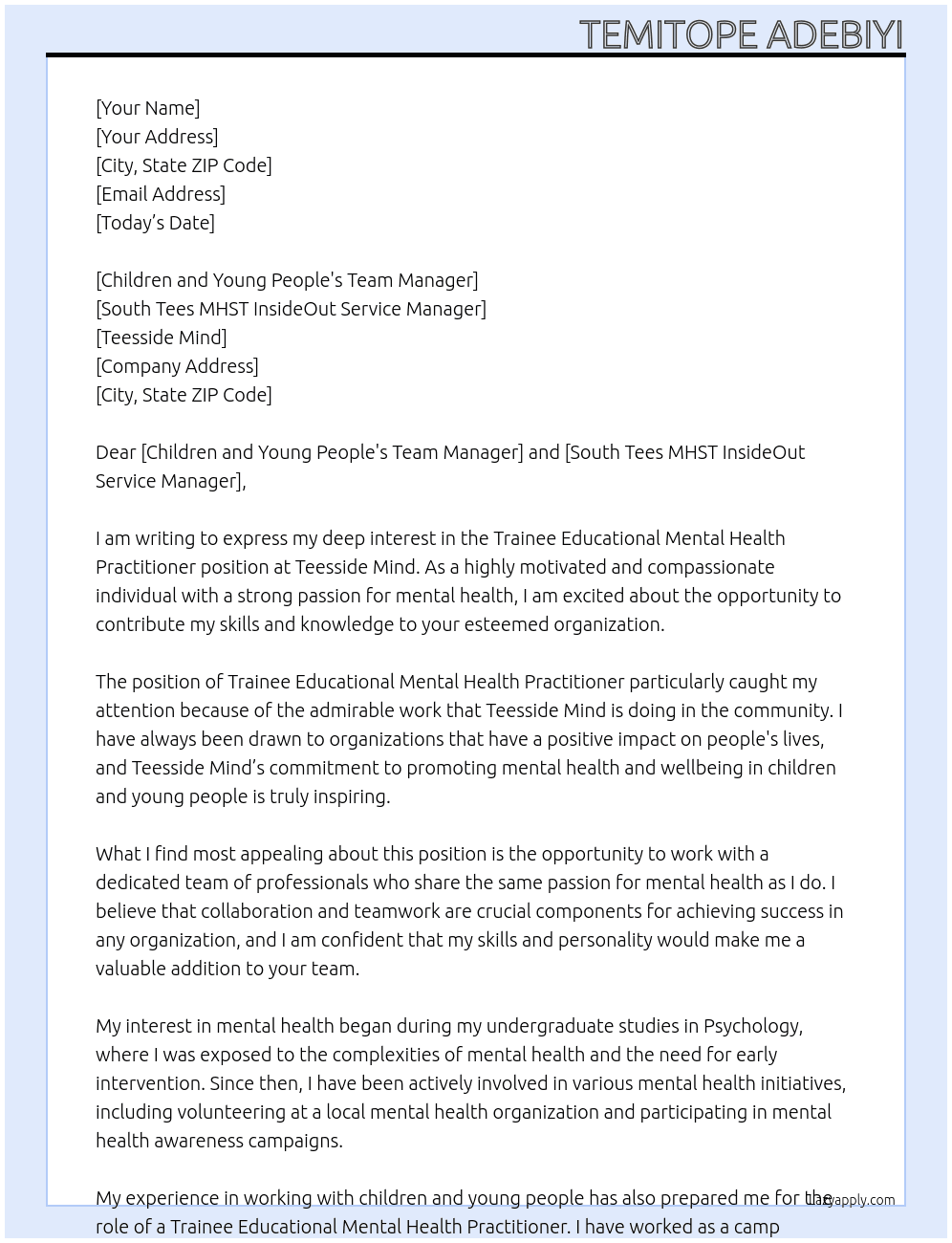 Trainee Educational Mental health Practitioner At Teesside Mind Cover Letter