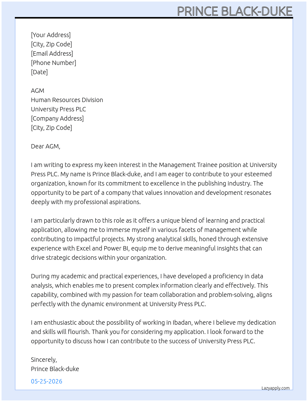 Management trainee At University press PLC Cover Letter