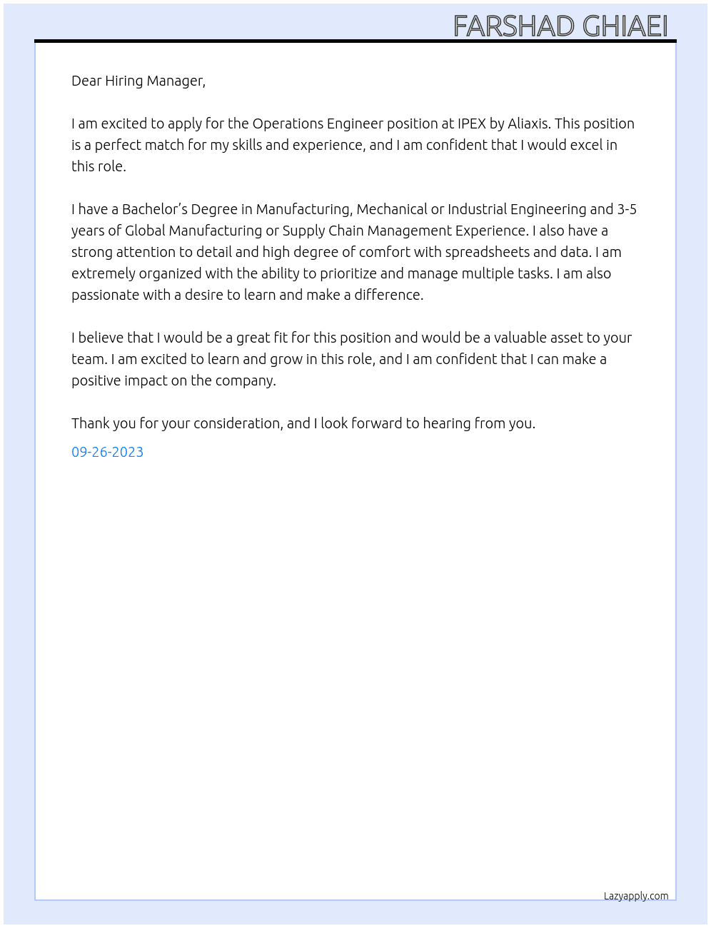Operations Engineer At IPEX by Aliaxis Cover Letter