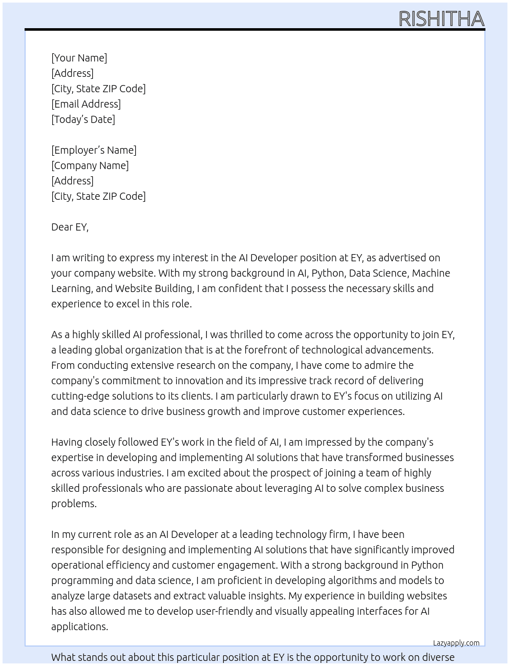 AI Developer  At EY Cover Letter