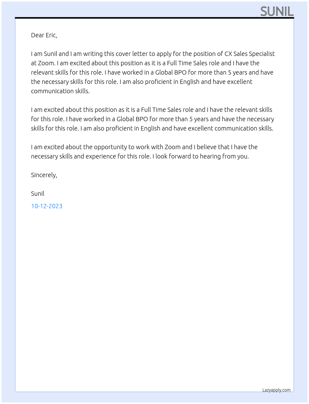 CX Sales Specialist At Zoom Cover Letter