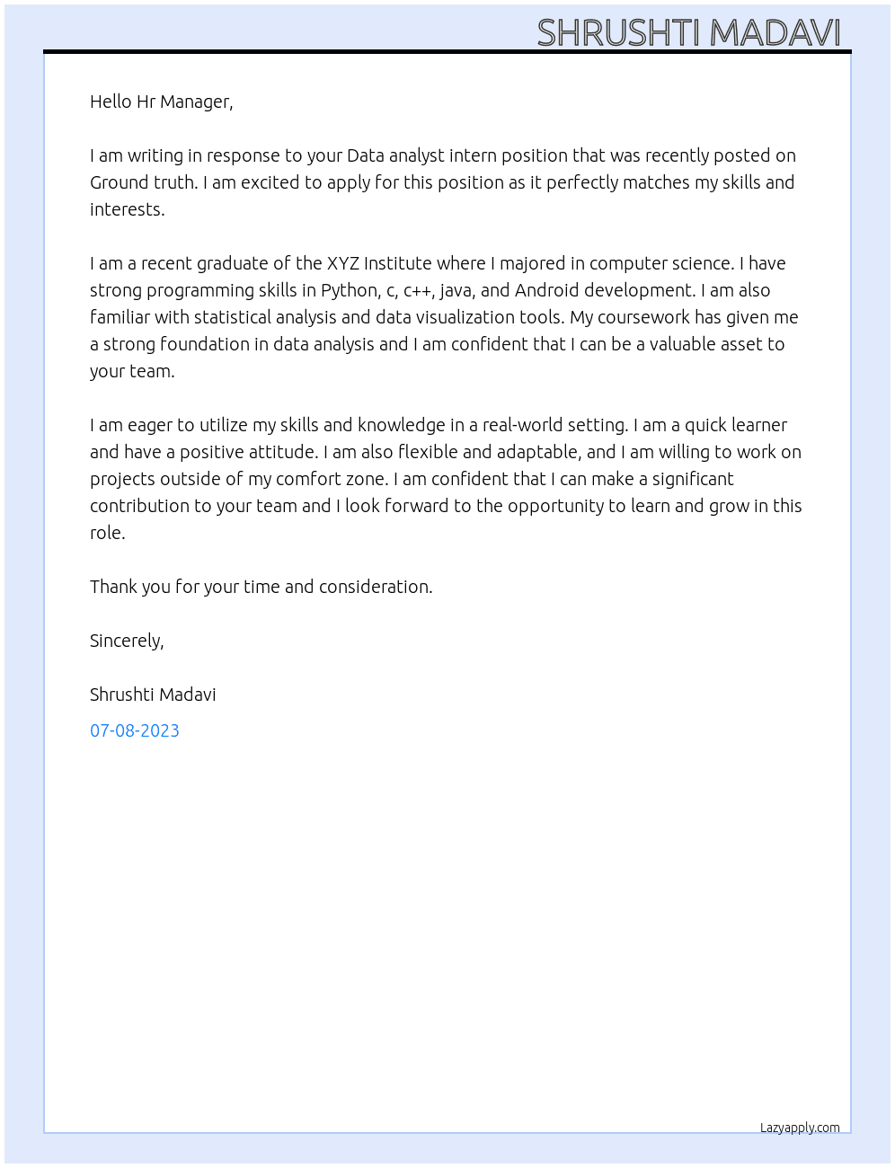 Data analyst intern  At Ground truth  Cover Letter