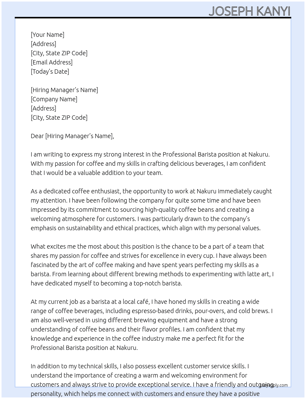 Professional barista  At Nakuru  Cover Letter