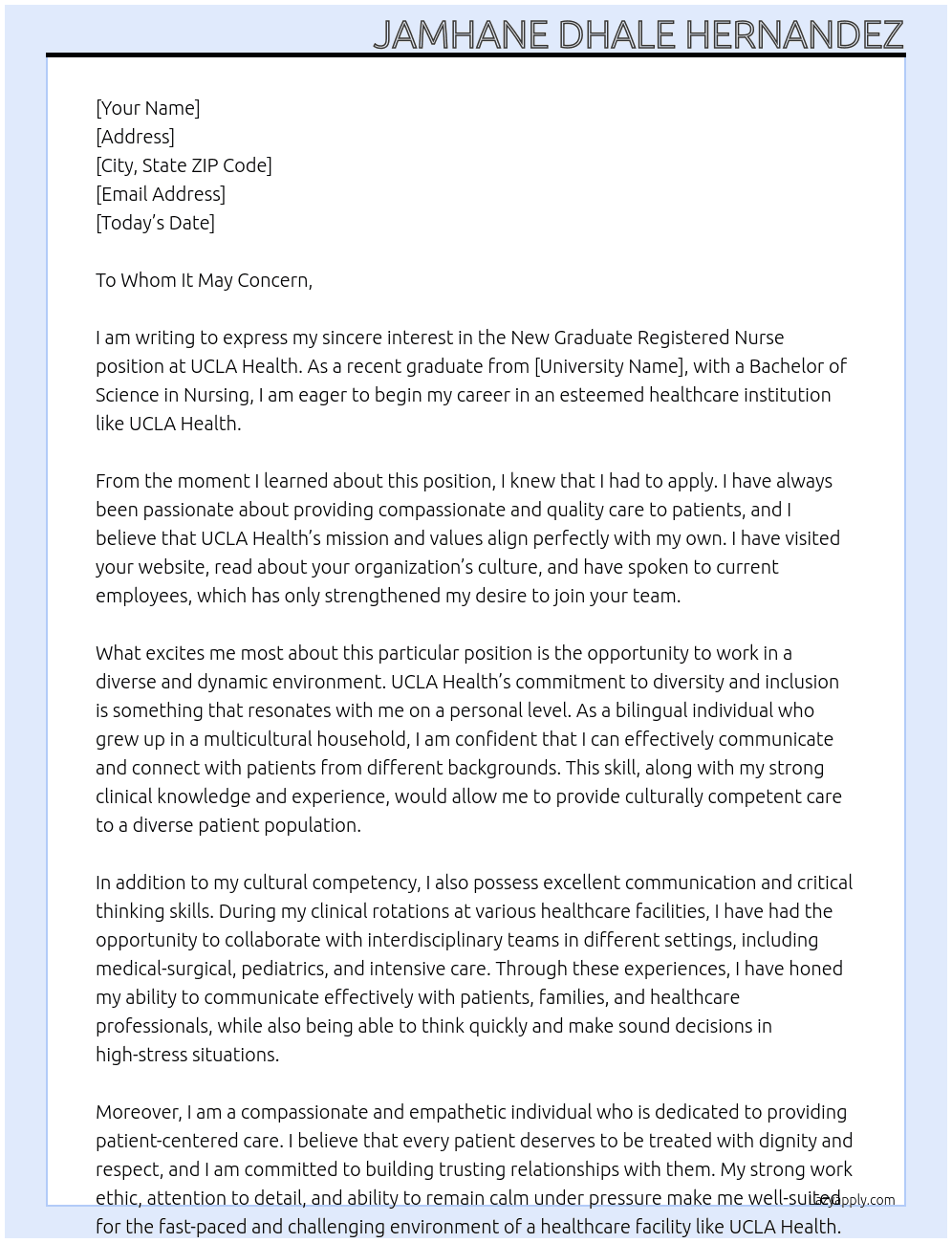 New Graduate Registered Nurse At UCLA Health Cover Letter