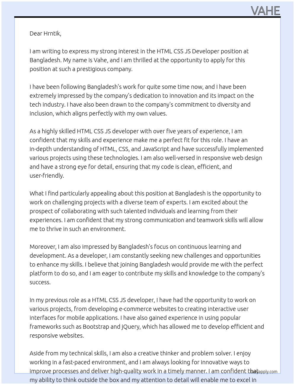 html css js developer At bangladesh Cover Letter