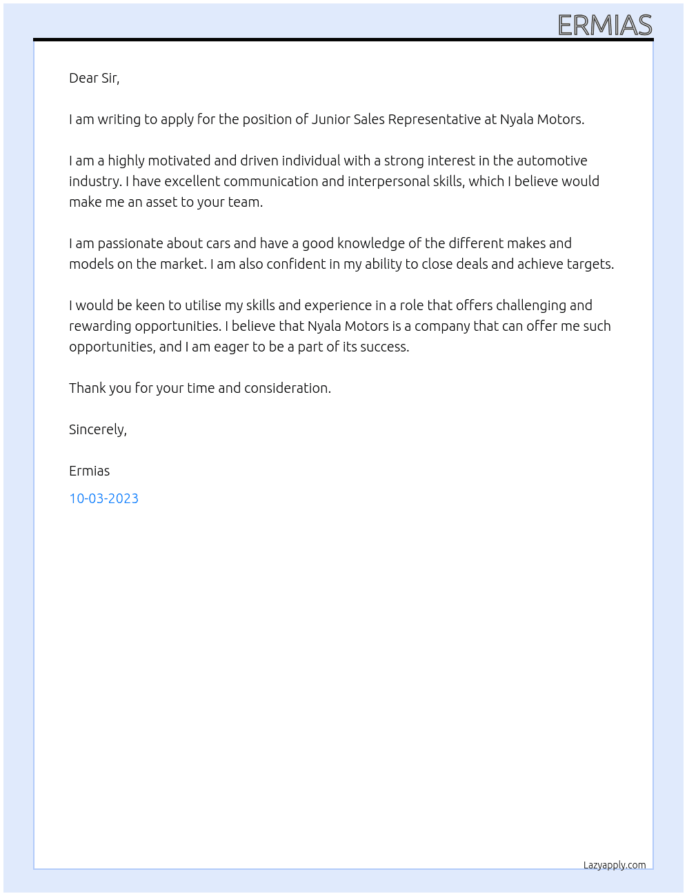 Junior sales representative At Nyala motors Cover Letter
