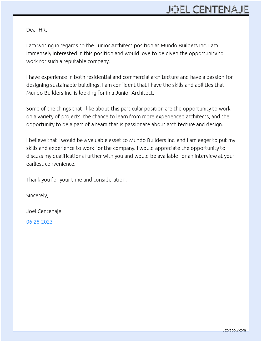 Junior Architect At Mundo Builders Inc. Cover Letter