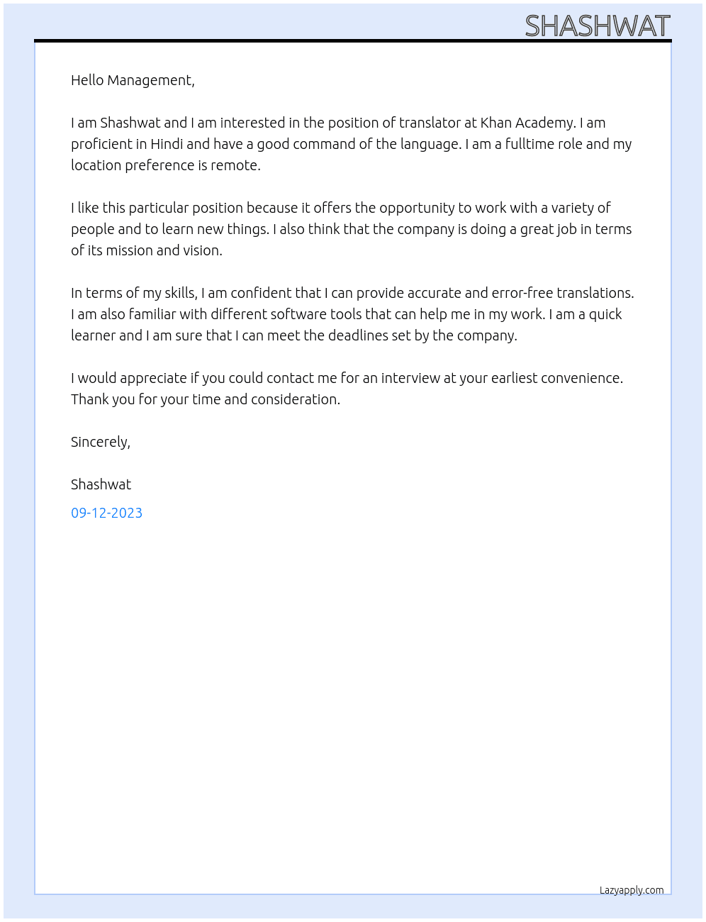 Translator  At Khan academy  Cover Letter