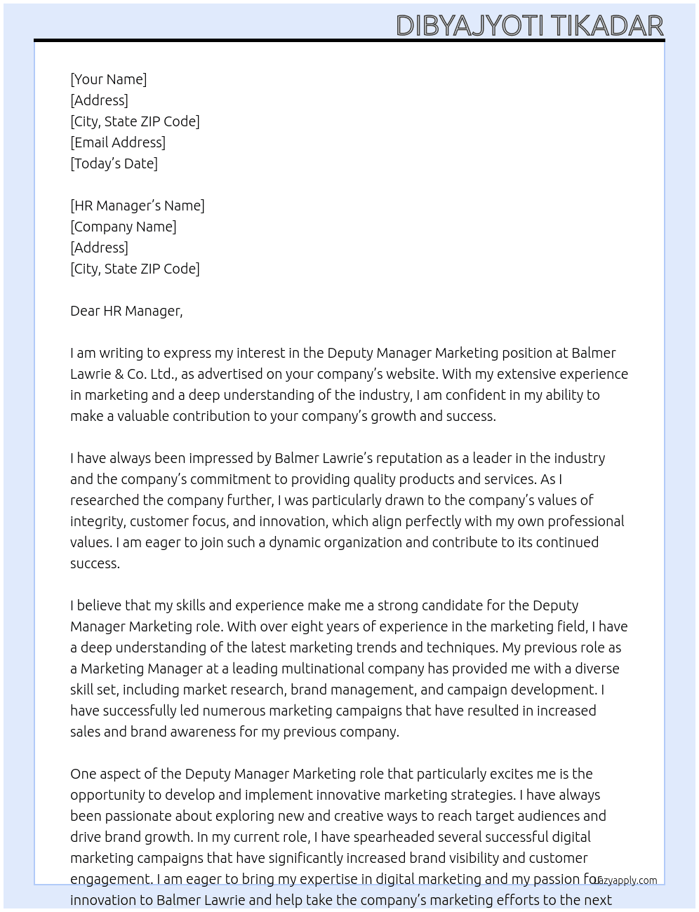 Deputy manager marketing  At Balmer Lawrie & Co. Ltd. Cover Letter