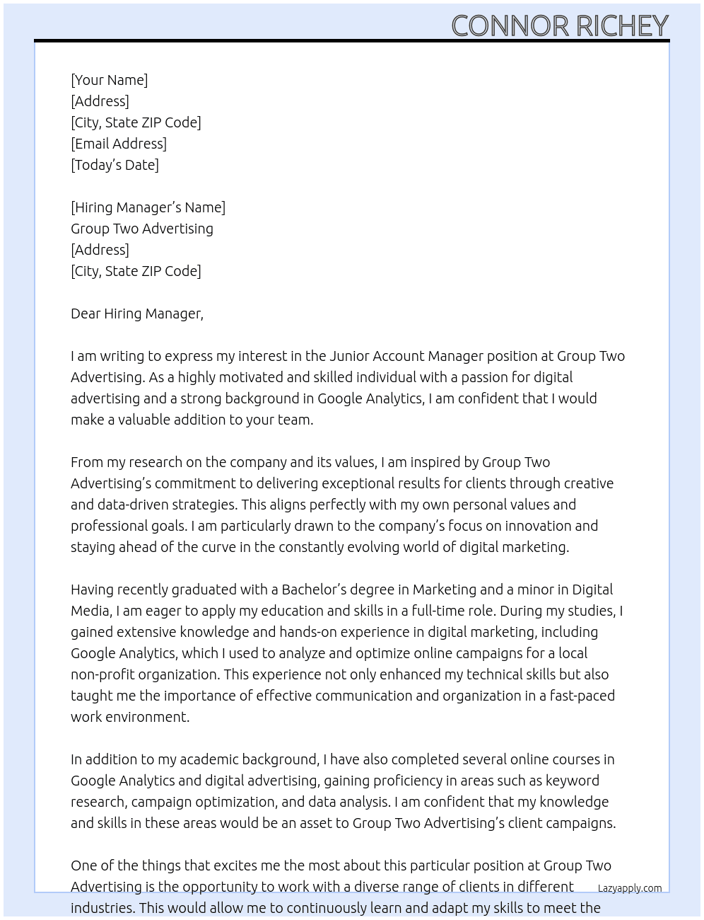 Junior Account Manager At Group Two Advertising  Cover Letter