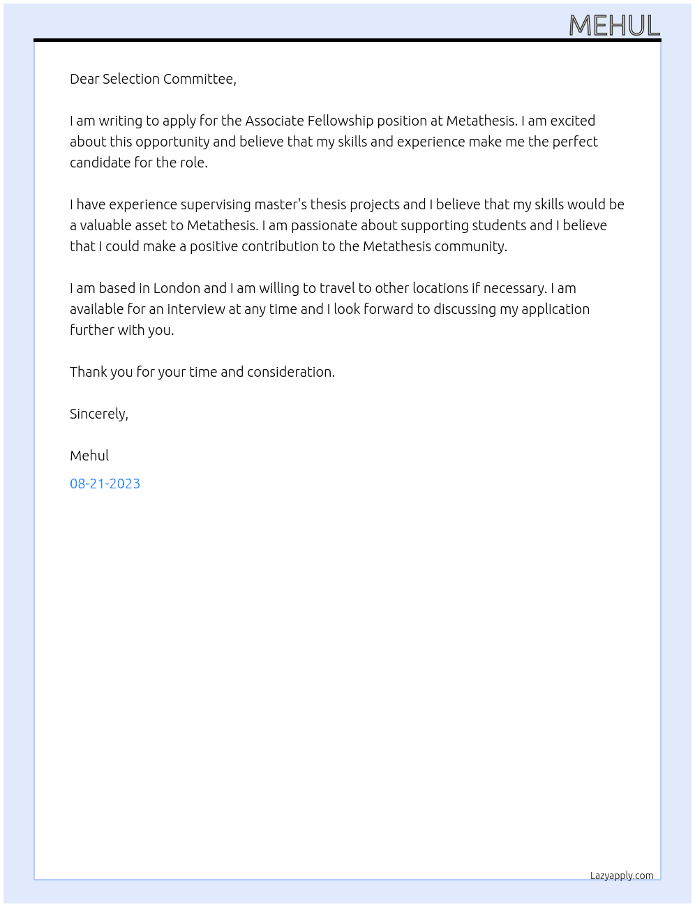 Associate Fellowship At Metathesis Cover Letter