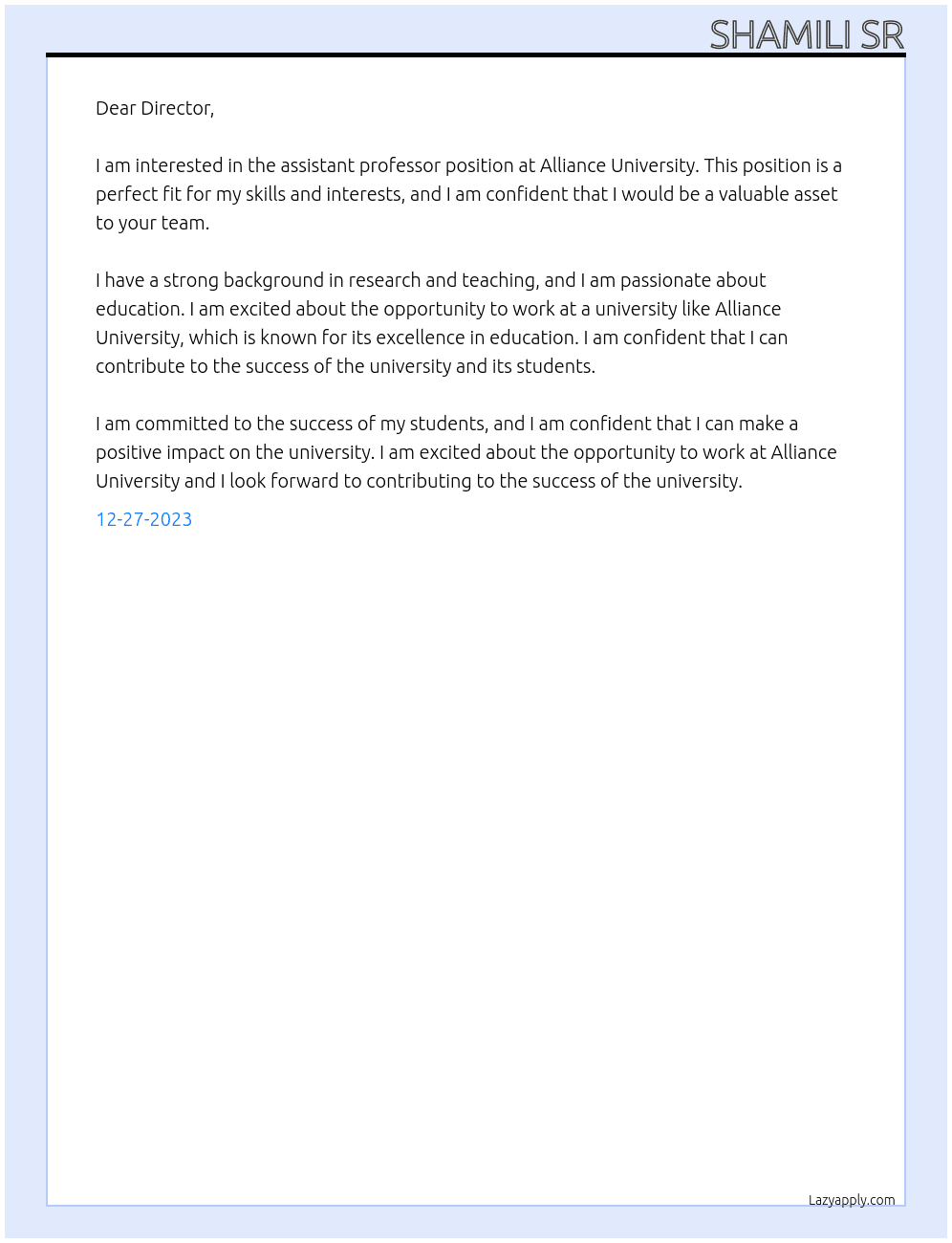 Assistant professor At Alliance University Cover Letter