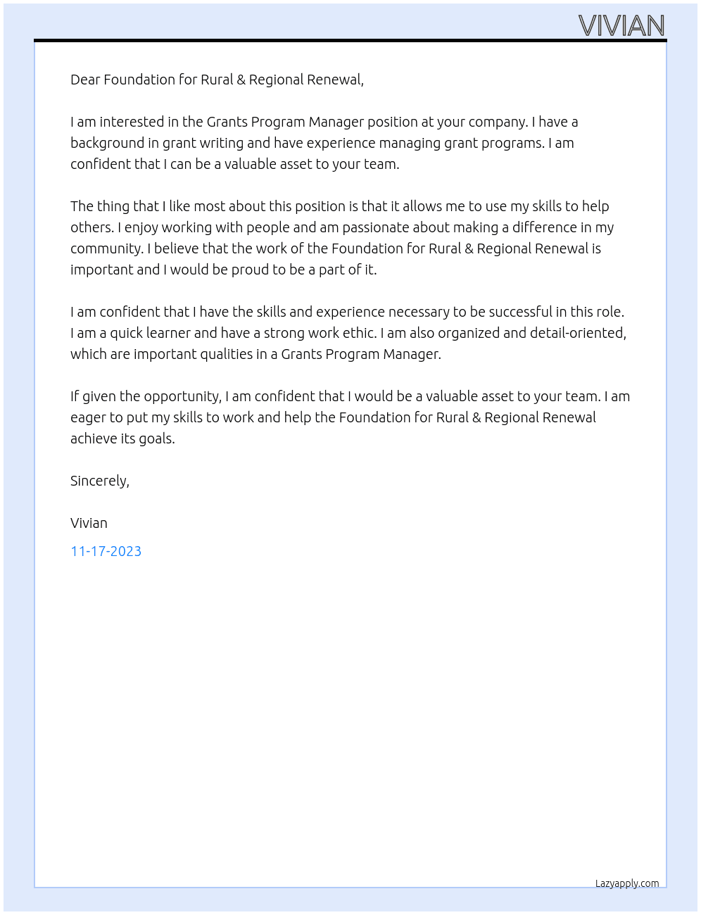 Grants Program Manager At Foundation for Rural & Regional Renewal Cover Letter