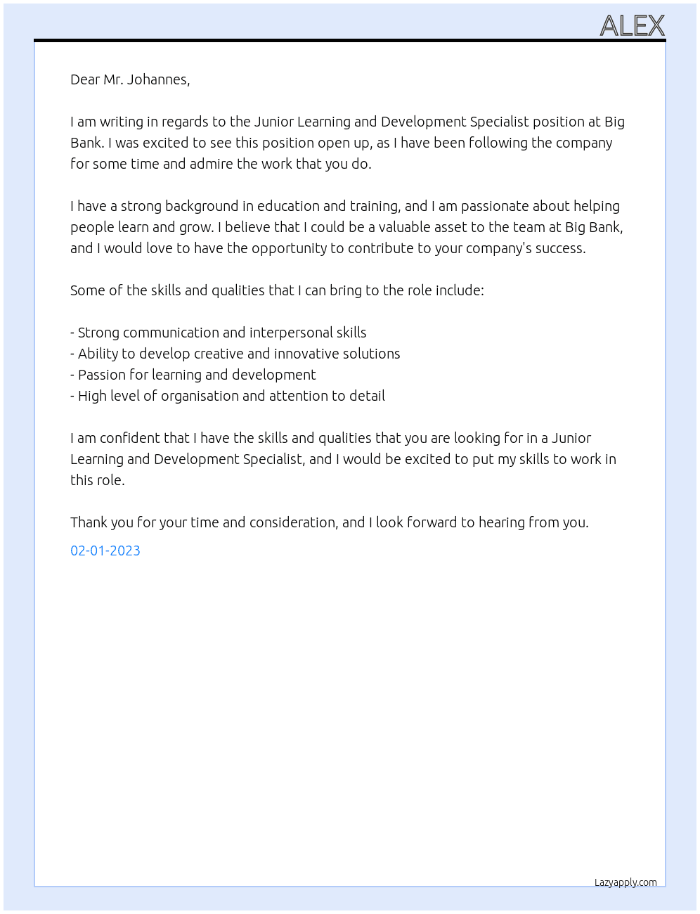 Junior Learning and Development Specialist At Big Bank Cover Letter