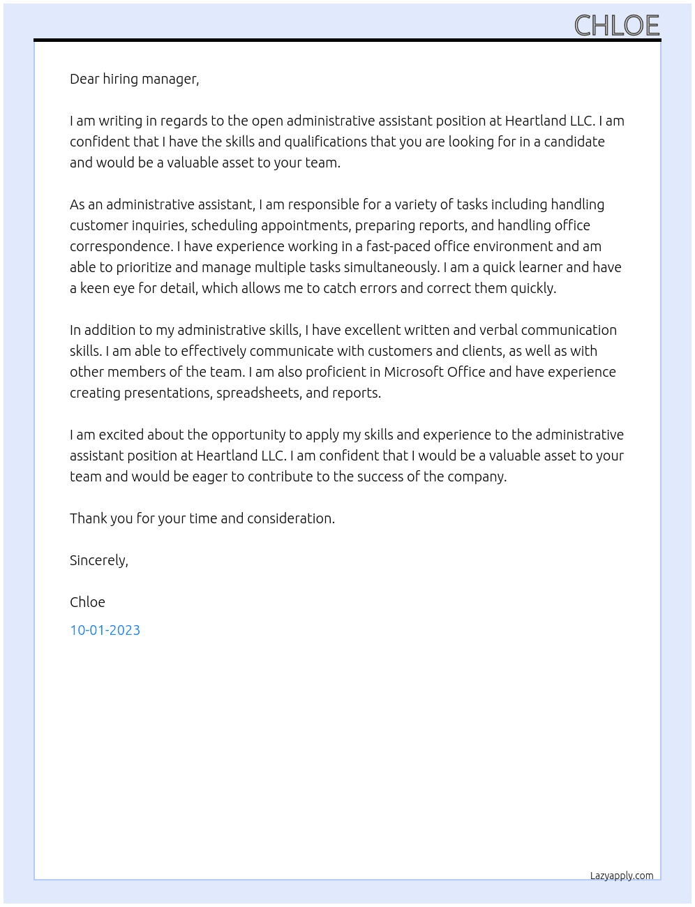 Administrative assistant At Heartland LLC Cover Letter