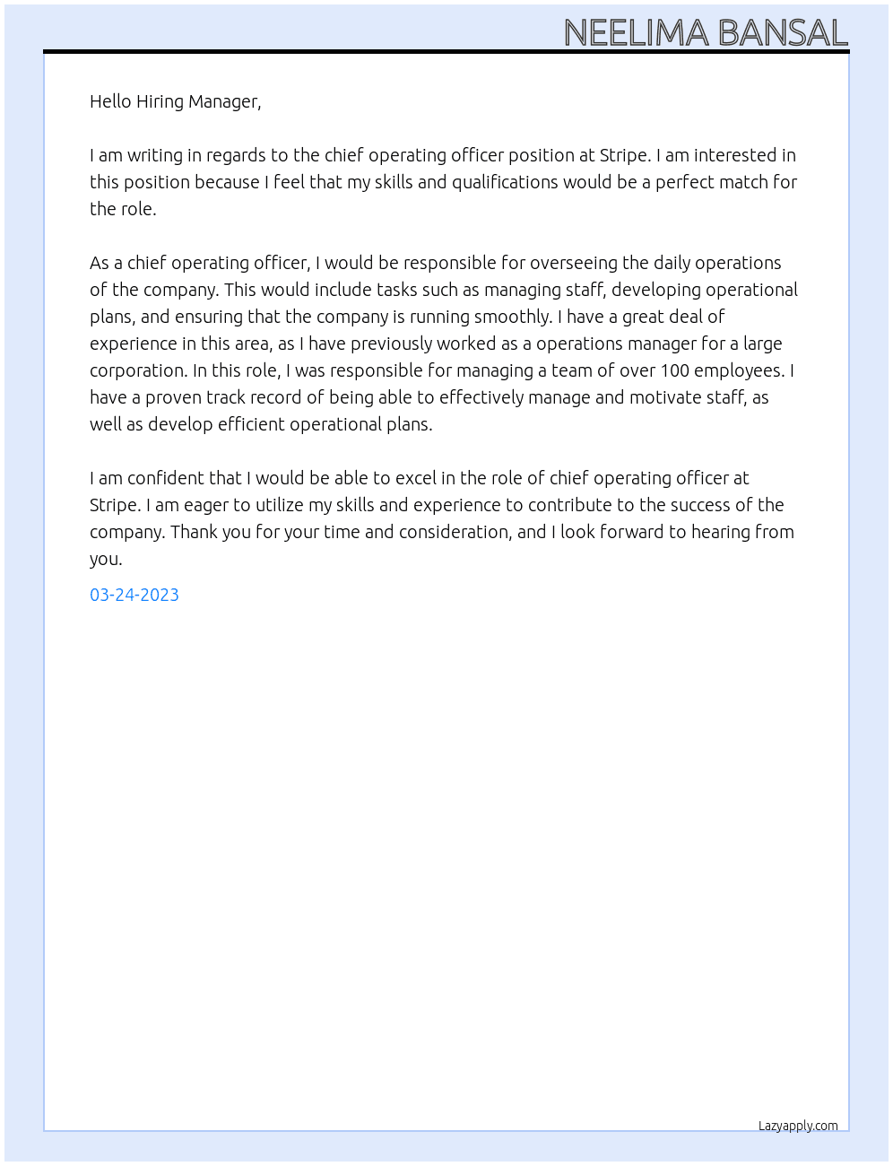 chief operating officer At Stripe Cover Letter