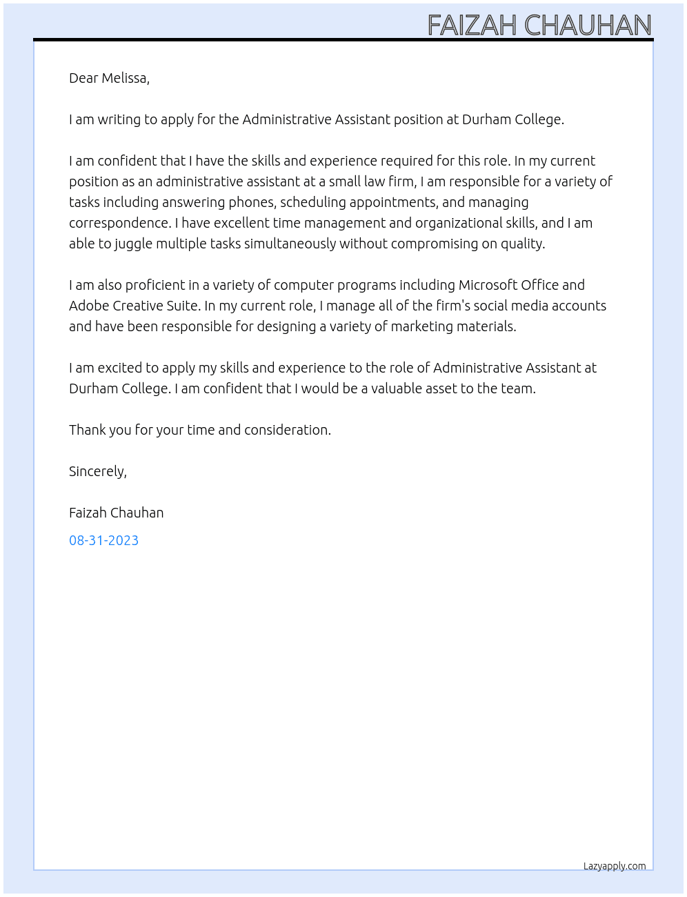 Admistrative Assistant At Durham College Cover Letter