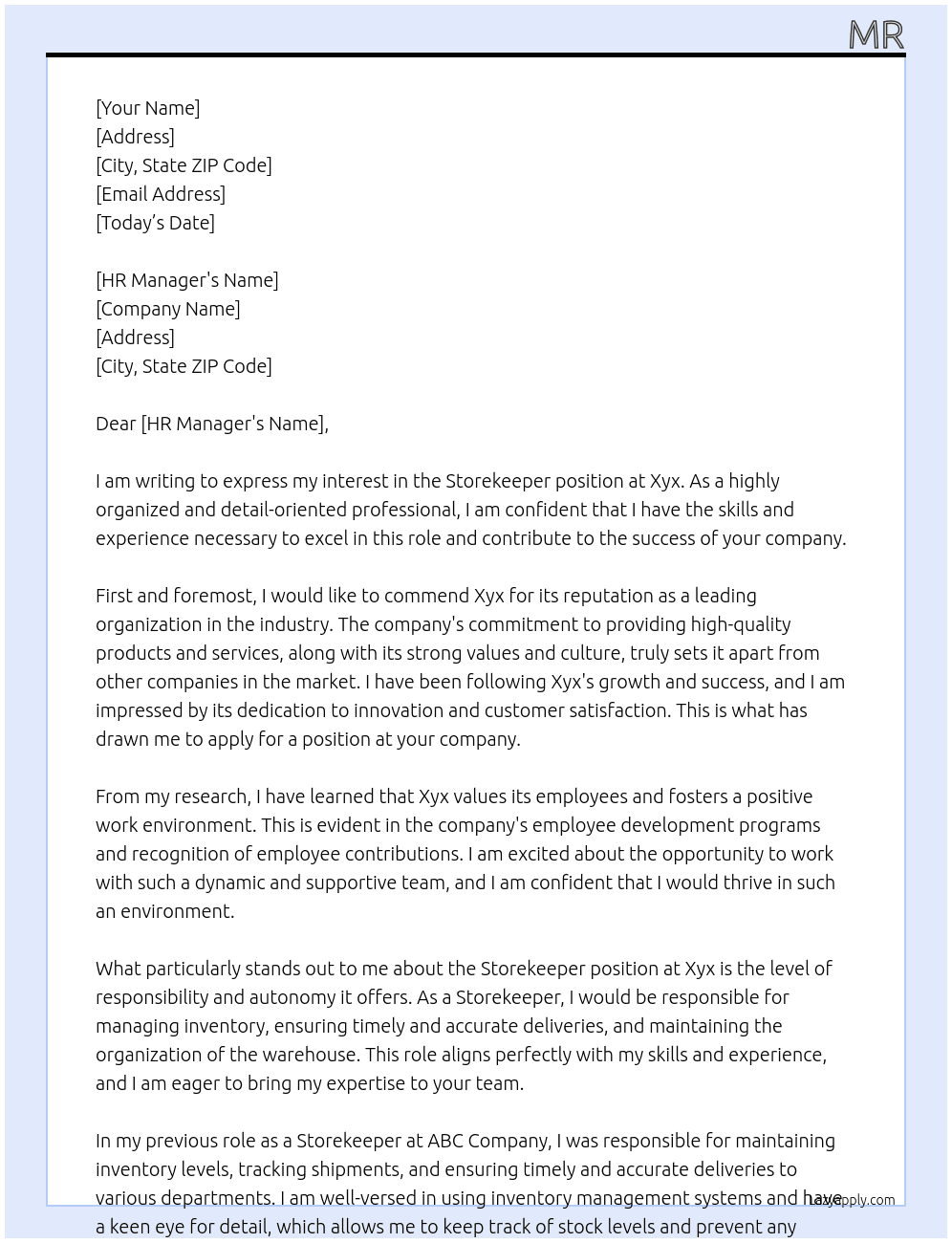 Storekeeper At Xyx Cover Letter