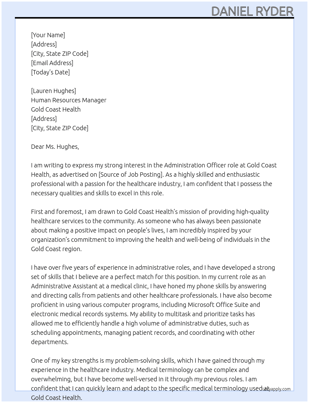 Administration Officer At Gold Coast Health Cover Letter