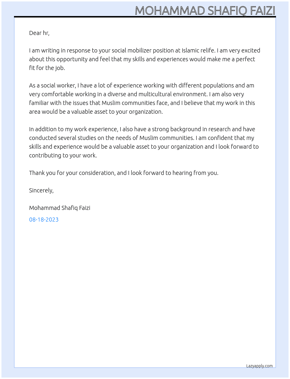 social mobilizer At Islamic relife Cover Letter