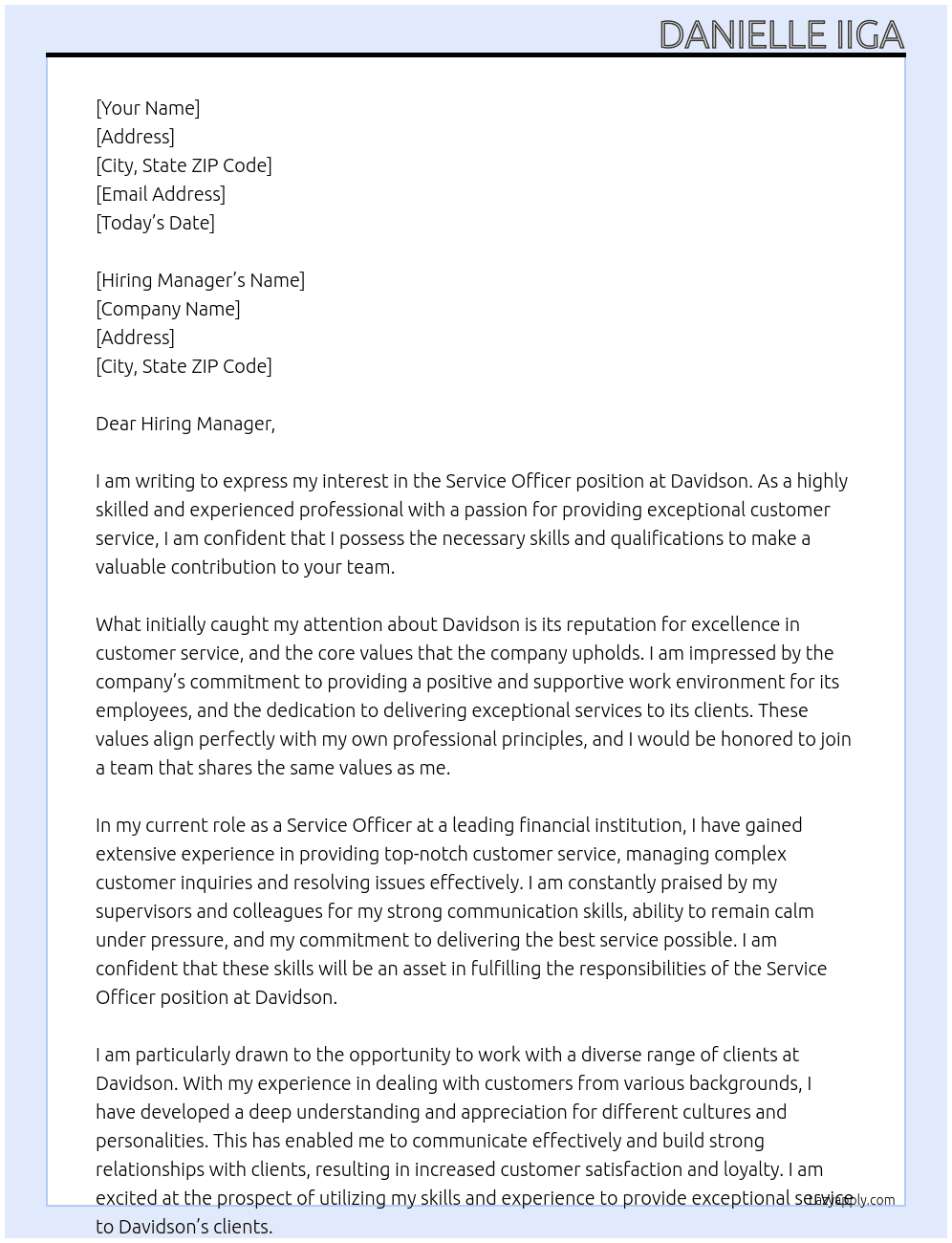 Service Officer At Davidson Cover Letter