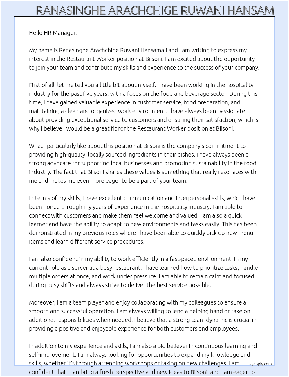 Restaurant worker At Biisoni Cover Letter
