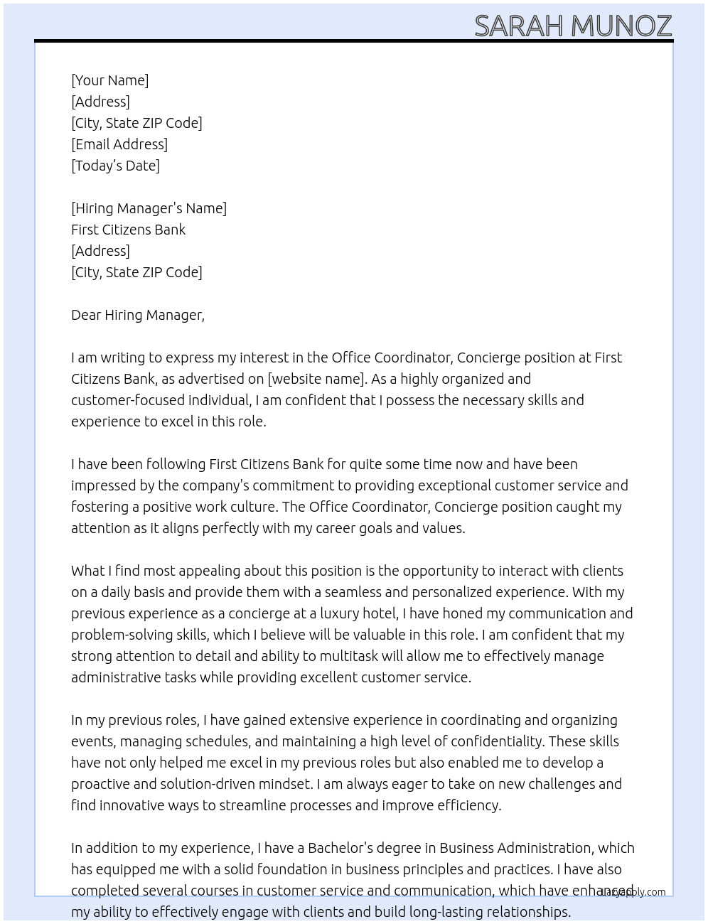 Office Coordinator, Concierge At First Citizens Bank Cover Letter