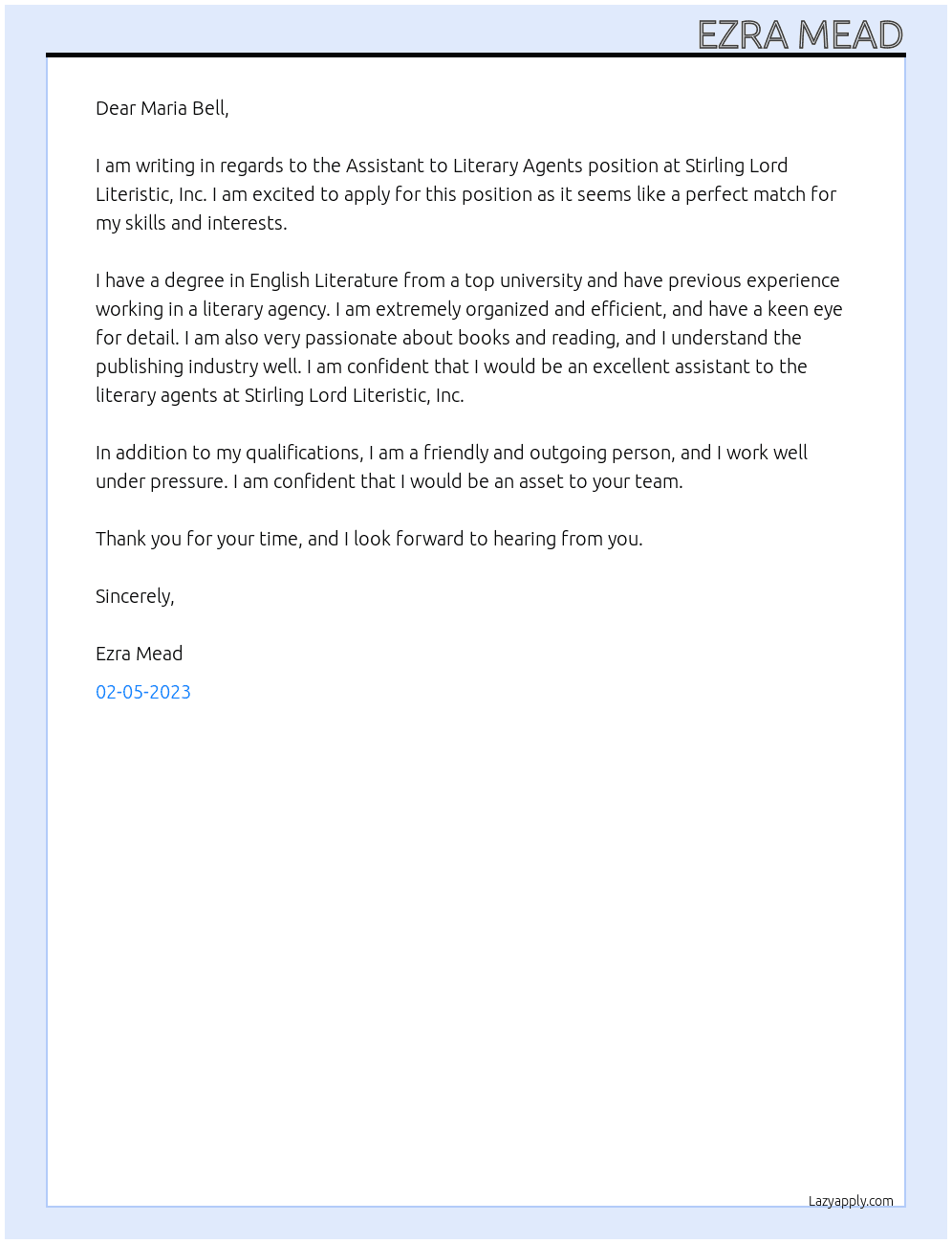 Cover letter for assistant to literary agents - LazyApply