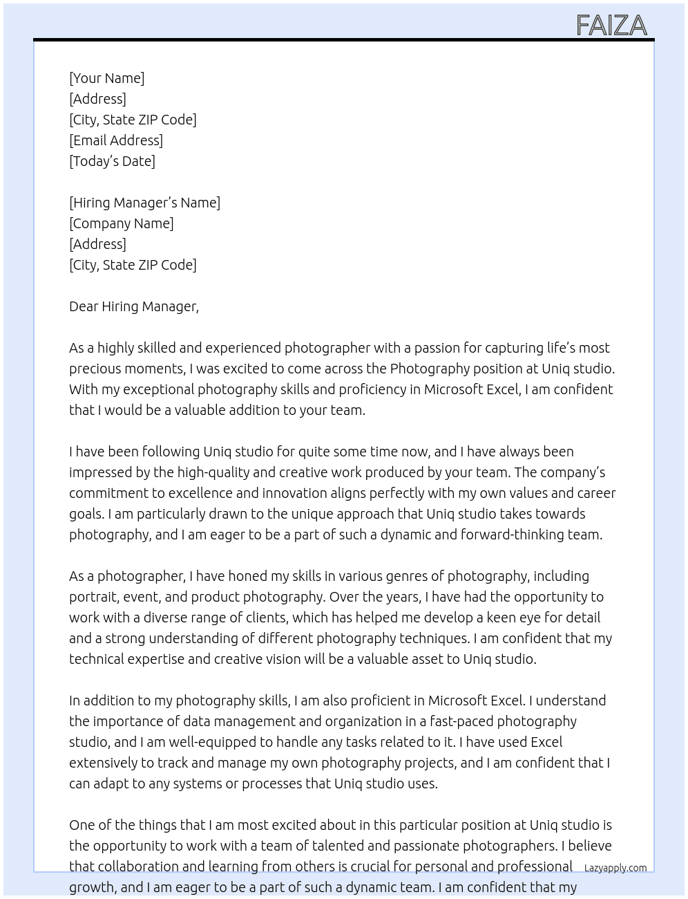 Photography At Uniq studio Cover Letter