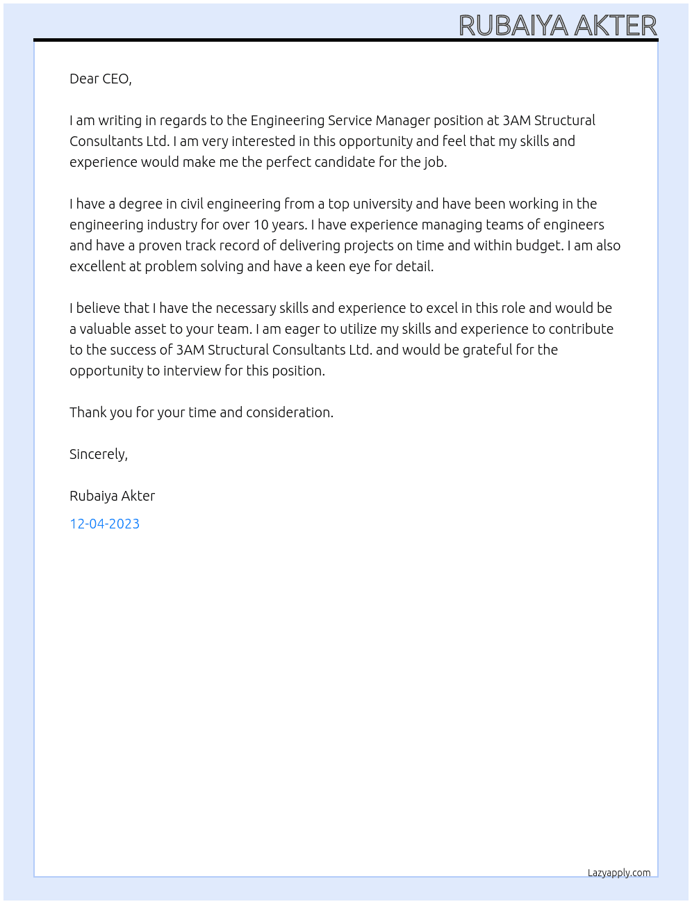 Engineering service manager At Employer details3AM STRUCTURAL CONSULTANTS LTD. Cover Letter
