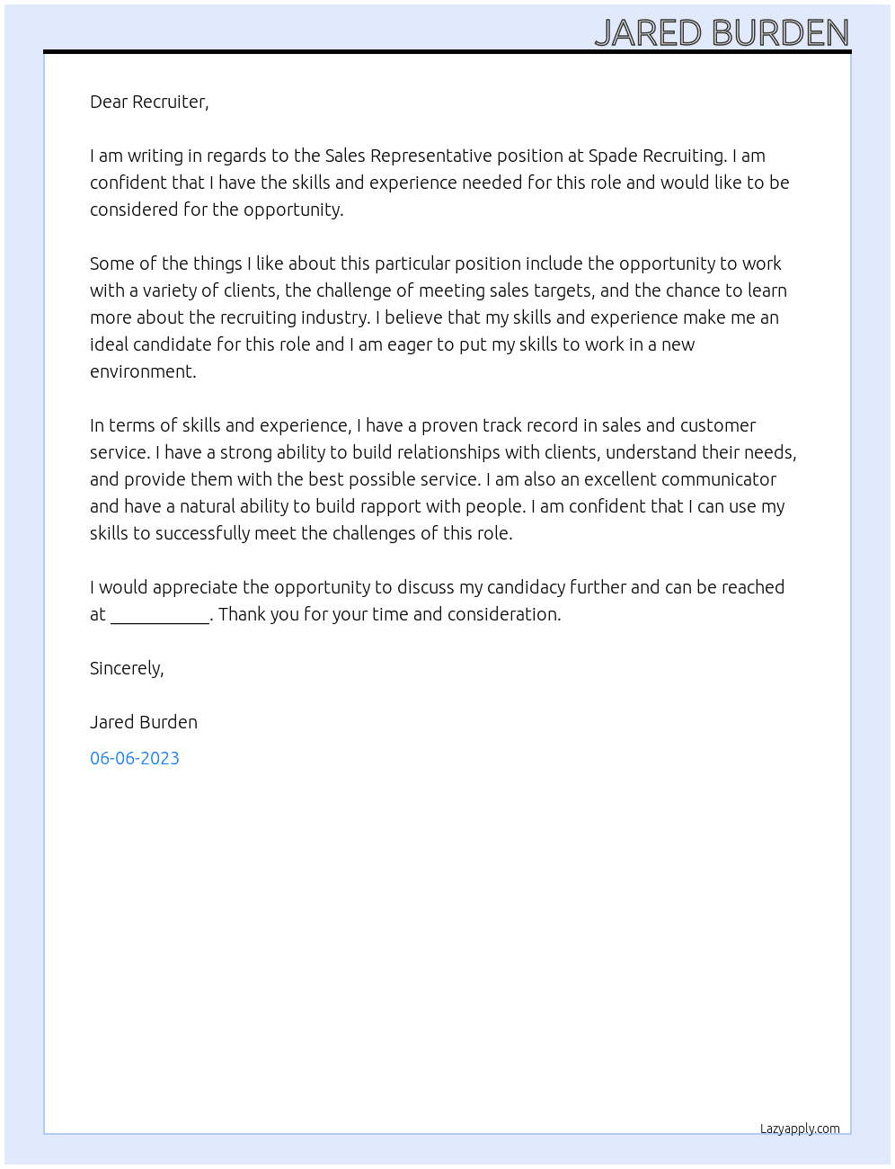 Sales Representative At Spade Recruiting Cover Letter