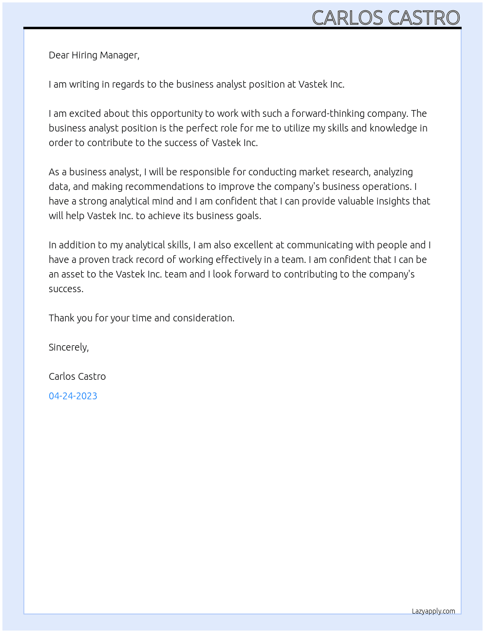 Business analyst At Vastek Inc. Cover Letter