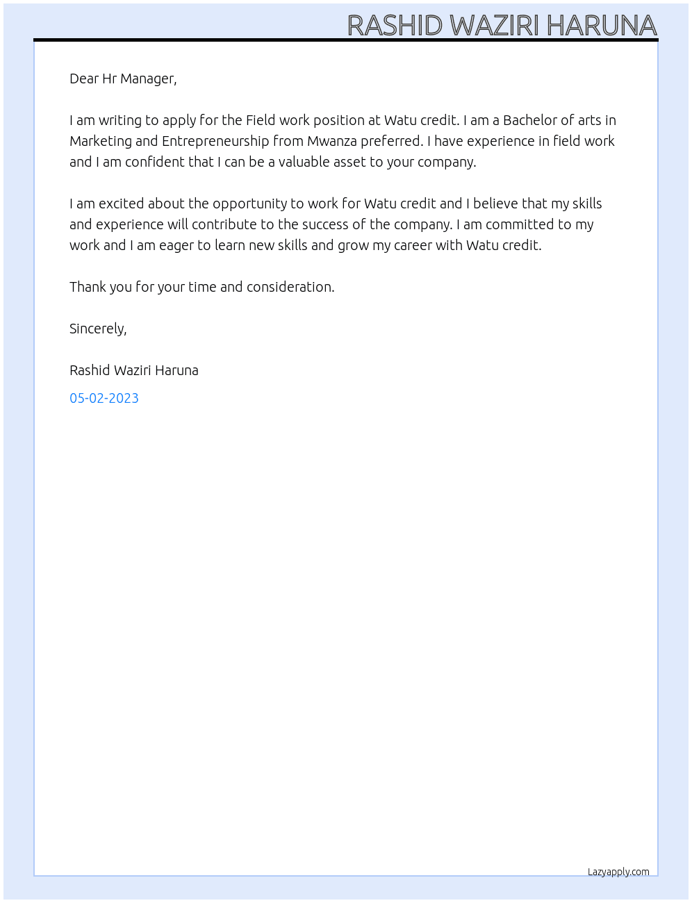 Field work At Watu credit Cover Letter
