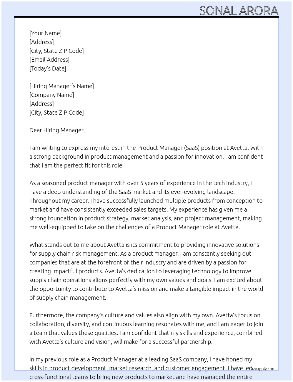 Product Manager (SaaS) At Avetta Cover Letter