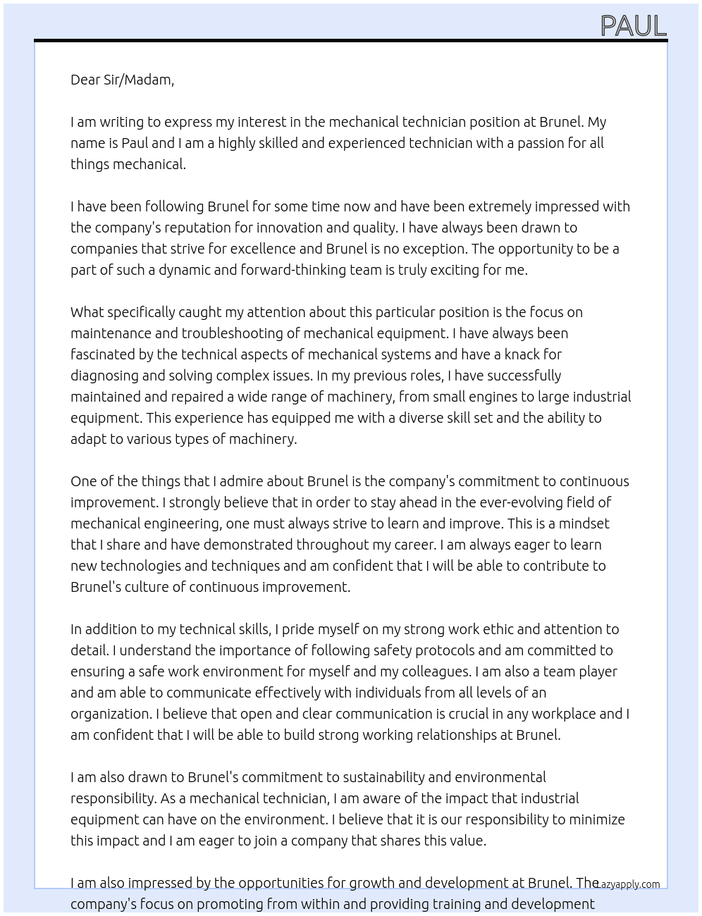 mechanical technician At Brunel Cover Letter