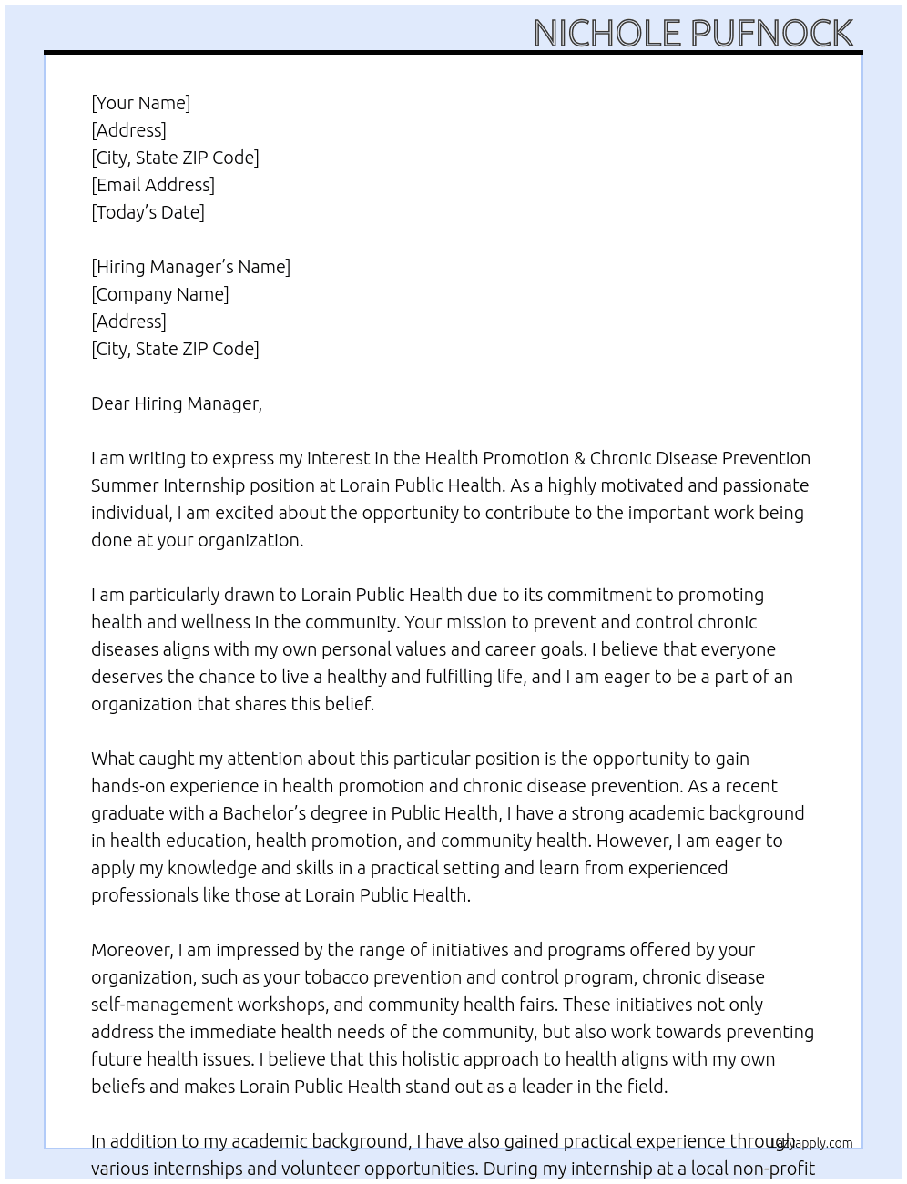 Health Promotion & Chronic Disease Prevention Summer Internship At Lorain Public Health  Cover Letter