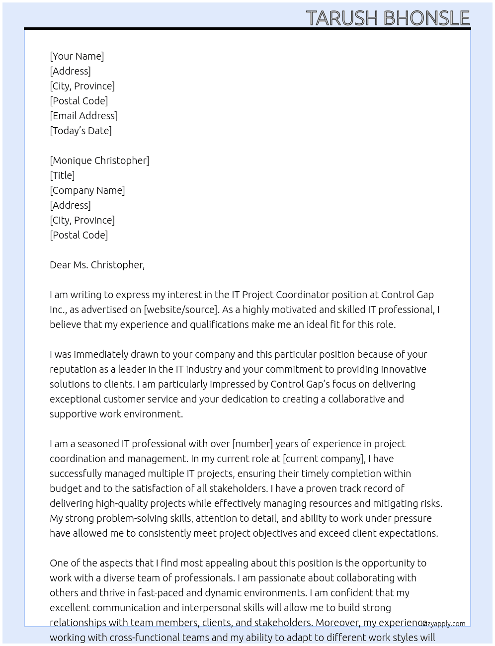 IT Project Coordinator- Canada At Control Gap Inc. Cover Letter