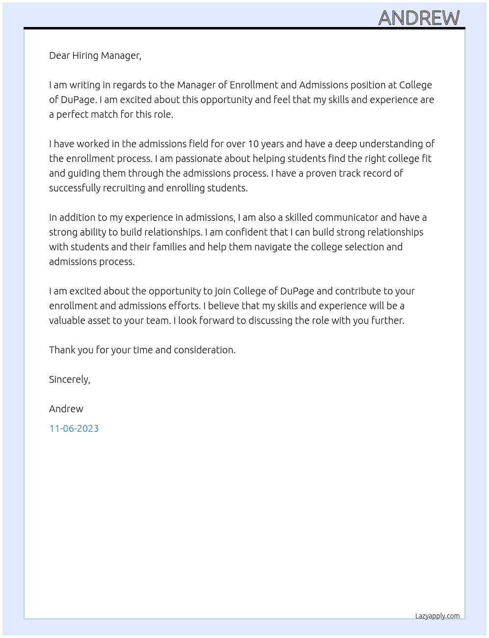 Manager of Enrollment and Admissions  At College of DuPage Cover Letter